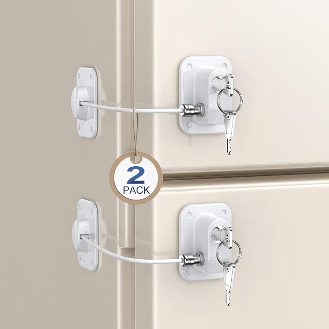 2 Pack Refrigerator Lock for Kids, Toddlers and Adults, Child Proof Fridge Door Lock with Keys for Kitchen Freezer, Air Oven Air Fryer, Cabinets and Drawers, Windows, Doors (B-White-2 Pack)