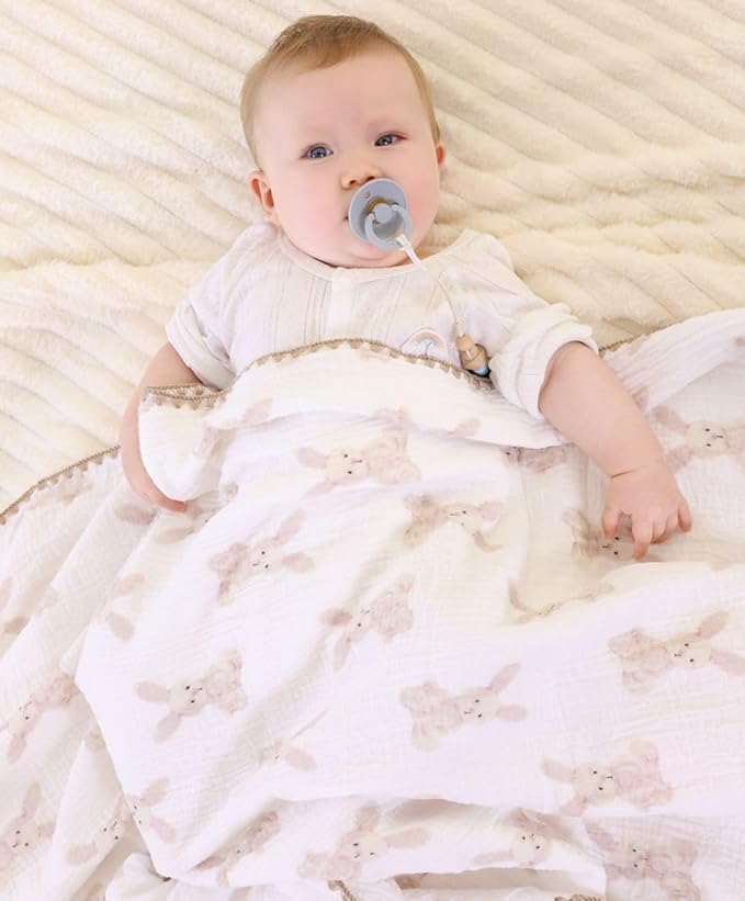 Baby Soft Muslin Thick Blanket Cotton and Dotted Backing Double Layer Receiving Blanket 40"x40" Bunny