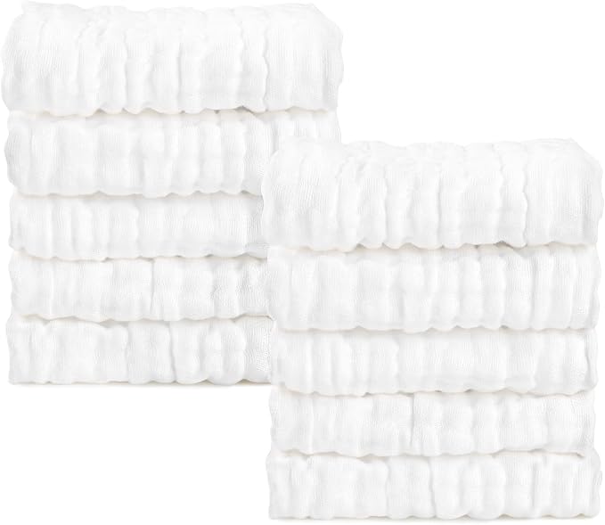AIDEA Baby Washcloths and Burp Cloths, Absorbent Cotton Muslin Baby Towels, Large Soft Breathable Newborn Essentials for Boys and Girls, Newborn Essentials, White-10 Pack, 10"x10"