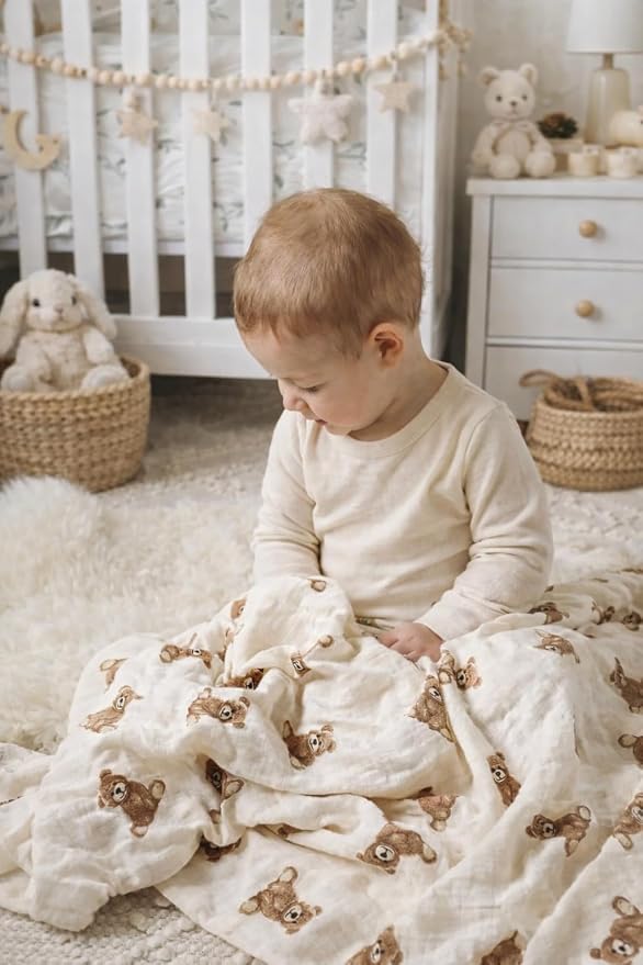 Ali+Oli Muslin Swaddle Blanket for Baby (Teddy Bear) Large 47" x 47" Soft Rayon Made from Bamboo & Organic Cotton, Machine Washable Receiving Blanket Wrap for Newborn to Toddler
