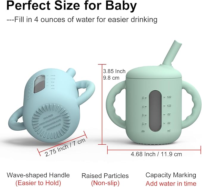 Seposeve 2 Pack Silicone Sippy Cups, Leak-Proof Baby Straw Cup for 6-12 Months, Spill Proof Toddler Cup with Straw 1-3 Years, with Capacity Marking, Non-slip Handle, Flow Control, 6 oz, Green Blue