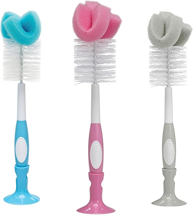 Dr. Brown's Reusable Sponge Baby Bottle Cleaning Brush with Suction Cup Stand, Scrubber and Nipple Cleaner, BPA-Free, Blue/Gray/Pink, 3-Pack