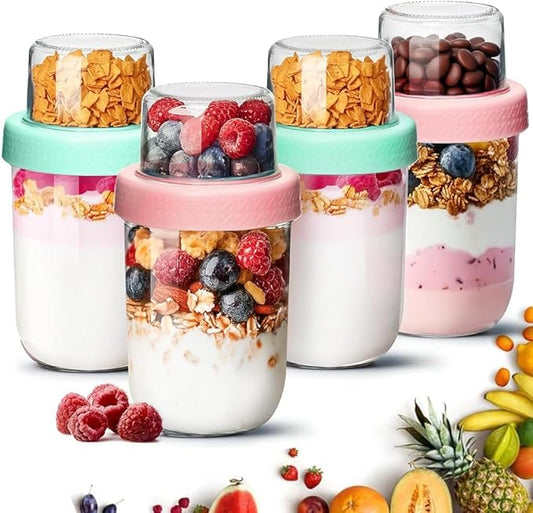 ComSaf Overnight Oats Containers with Lids (16oz+4oz, 4Pcs), Dual-Laryer Chia Pudding Jars with Dry and Wet Separation, Yogurt Parfait Cups for Oatmeal Cereal Nut Fruit, Meal Prep Glass Jars for Salad