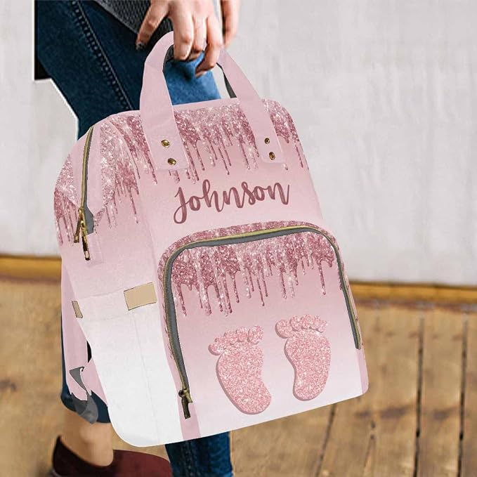 InterestPrint Custom Diaper Bag Backpack Personalized Glitter Drips Rose Gold Feet Backpack with Text Bag Nursing Bags Fashion Shoulders Bag Casual Daypack Travel Multipurpose Bag for Men Women
