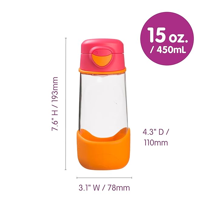 b.box 15oz Sport Spout Kids Water Bottle for School, Sports, Daycare - No-Straw Design for Easy Cleaning - Leakproof - Ergonomic Triangle Grip - Dishwasher Safe, BPA Free, PFAS Free - Strawberry Shake