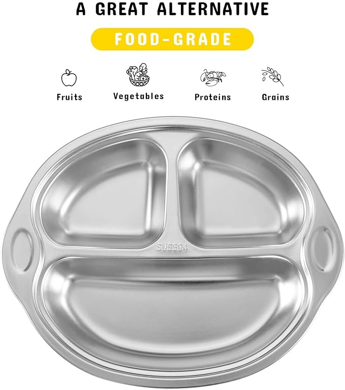 Stainless Steel Baby Suction Plates: Divided Plates for Babies and Toddlers, Made of 100% Food-Grade Materials Ideal for Baby-Led Weaning BPA-Free Toddler Feeding Dishwasher Safe Yellow