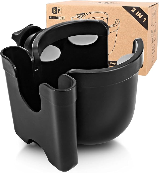 Universal Stroller Cup Holder with Mobile Phone Case, 2-in-1 Strollers Storage Rack, 360 Degrees Rotation Drink Holder for Bike, Pushchair, Wheelchair, Walker,Bicycle, Fits Most Cups