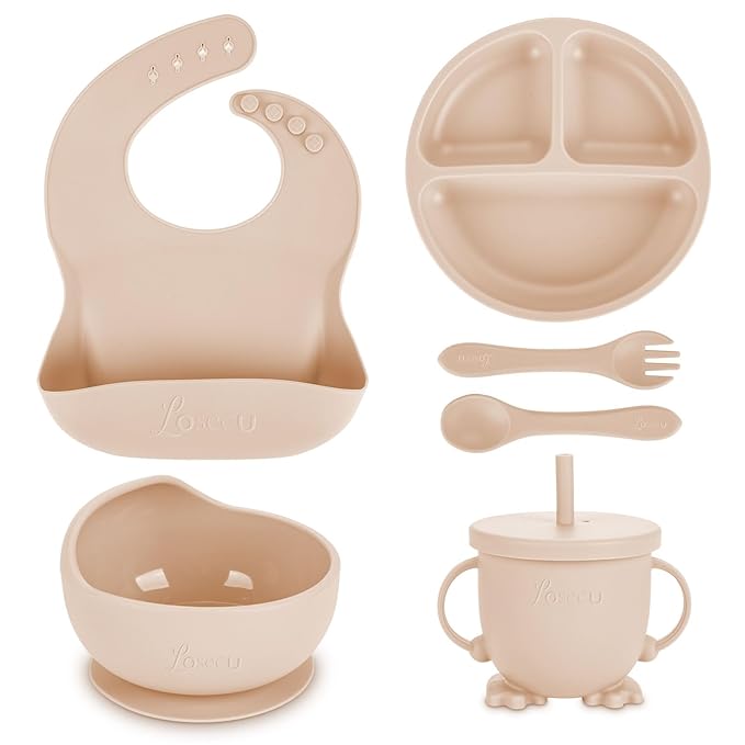 Silicone Feeding Set with Bib, Spoon, Fork, Sippy Cup - Baby Led Weaning Supplies