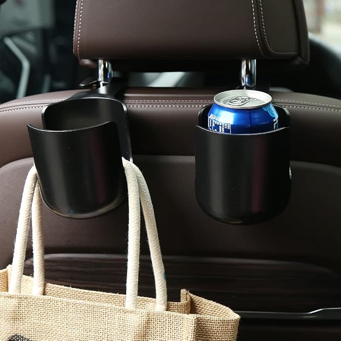 Car Seat Headrest Hook Organizer with Cup Holder - Universal Vehicle Storage Hanger for Handbags, Groceries, Backseat Organizer, Car Accessories Fit All Cars(Black)