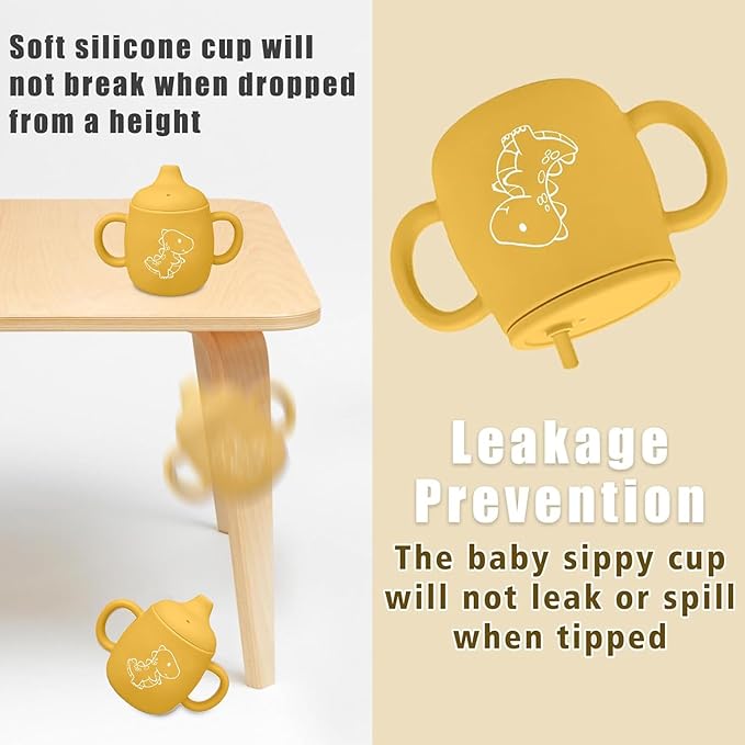 Silicone Straw Cup with Handles,Dinosaur Silicone Baby Sippy Cups,Snack Cups for Toddlers,Dual-Purpose Toddler Training Cups,3 Stages Training Cup Dishwasher Safe and BPA Free 9 oz (Yellow)