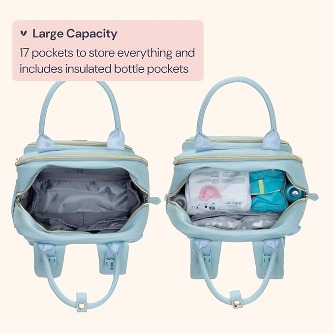 BabbleRoo Leather Diaper Bag Backpack - Baby Essentials Travel Baby Bag, Multi function, Water Resistant, with Changing Pad, Stroller Straps & Pacifier Case ??Unisex, Powder Blue