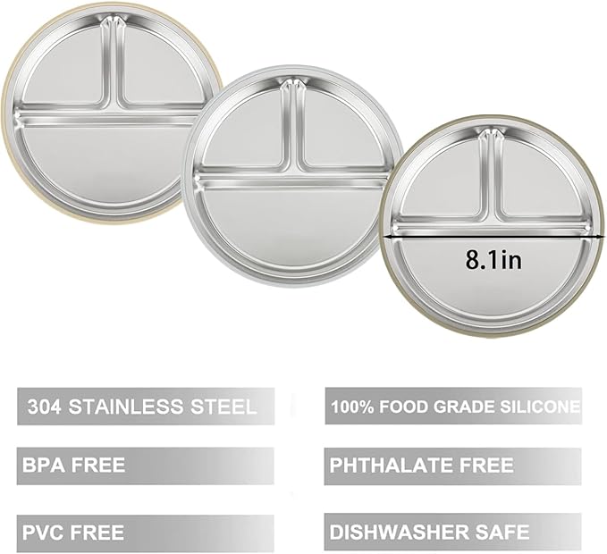 PandaEar 3 Pack Stainless Steel Baby Suction Plates, Divided Toddler Plate for Baby Led Weaning Supplies, Non-Slip Toddler Baby Feeding Set Dishwasher Safe (Linen/Brown/Tan, With Spoons)