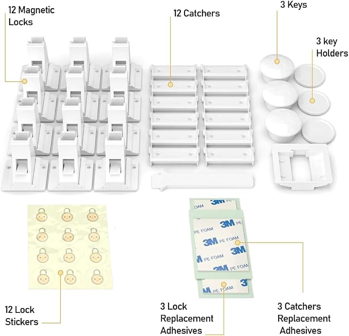 BABY PROOF ME 6 Safety Strap Locks Bundle with 12 Magnetic Cabinet Locks and 12 Corner Protectors