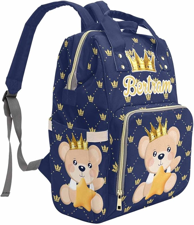 Personalized Prince Bear Mommy Bag with Name, Custom Golden Crown on Blue Plaid Diaper Bags, Waterproof Nylon Backpack for Travel with Large Capacity, Nursing Daypack for Women New Mom