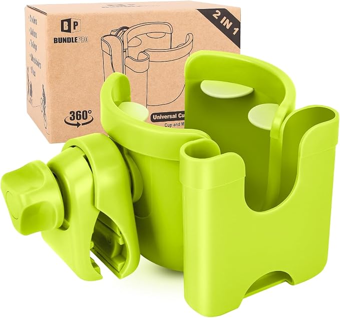 Universal Stroller Cup Holder with Mobile Phone Case, 2-in-1 Strollers Storage Rack, 360 Degrees Rotation Drink Holder for Bike, Pushchair, Wheelchair, Walker,Bicycle, Fits Most Cups (Green)