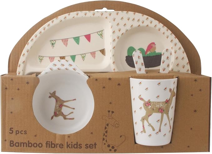 Qshare Bamboo Toddler Dinnerware Set,5Pcs Baby Plates Set,Bamboo Plates and Bowls Set,Christmas Dinnerware Set, Kids Dishes with Plate,Bowl,Cup,Fork and Spoon