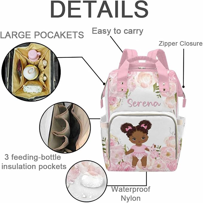 M YESCUSTOM Personalized Pink Diaper Bag with Name, Custom Floral Nursing Mommy Daypack for Travel with Large Capacity, Birthday Gift for Women/Mom