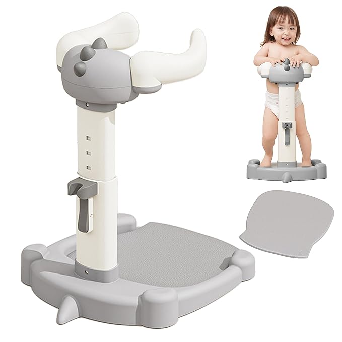 Baby Shower Stand, Baby Standing Bath with Anti-Pinch Adjustable Height and Armrest, Shower Standing Support with Anti-Slip Base and Mat for Infants 6-36 Months -Grey