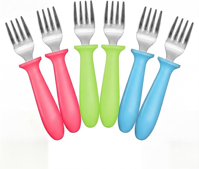 Pimoys 6-Pack Stainless Steel Toddler Forks, Kids Forks Utensils for Little Hands, Self-Feeding Training Fork for Daily Meals, Dishwasher Safe Reusable Baby Flatware Set for Birthdays Christmas Gift