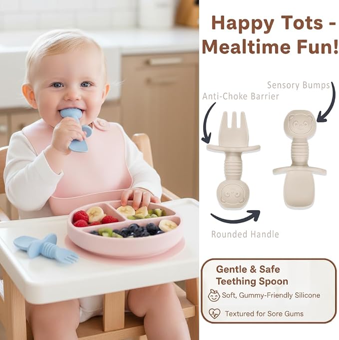 2 PCS Baby Silicone Spoons Infant, Toddler, & Kid Friendly Utensils - First Stage, Baby Led Weaning - 4 Pack Utensil Set (Blue + Brown)
