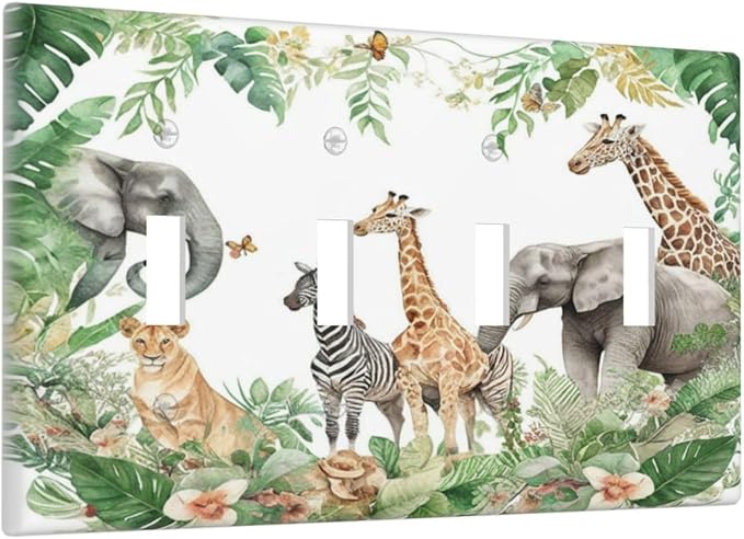 Tropical Leves Safari Animals Giraffe Elephant Zoo Light Switch Covers Quad Toggle Electrical Faceplate 4 Gang Wall Plate Decorative Switch Plates Cover for Kids Room Nursery Decor