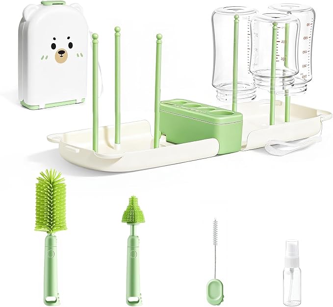 LEQXGO Travel Baby Bottle Cleaner Kit with Storage Case, 7-in-1 Baby Bottle Brush Set with Drying Rack for Breast Pump Parts, Bottle Washing Kit - Baby Travel Essential for Flying & On-the-Go (Green)