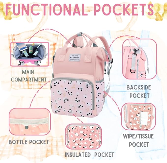 Small Diaper Bag Backpack - Diaper Bag for Mom Dad- Diaper Bag Backpack for Girl - Baby Girl Diaper Bag for Mom - Stylish Baby Travel Bag with Insulated Pockets, Stroller Straps Pink