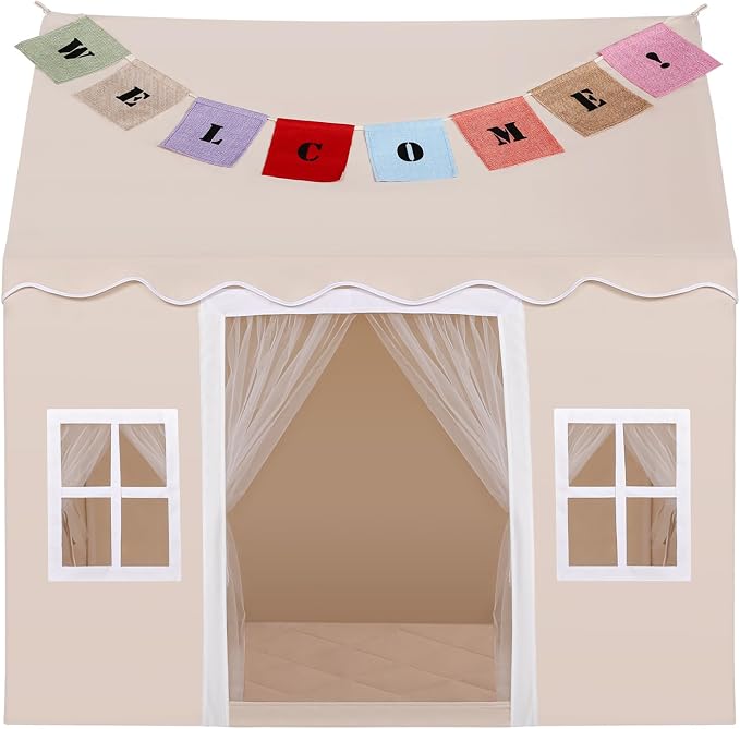 Kids Tent with Mat,Play House for Kids Indoor Outdoor,Play Tent Princess Fort Castle Playhouse for Girls Boys (Beige(Wave))
