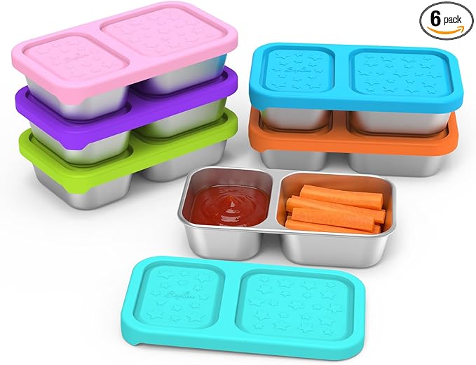SOPHICO Stainless Steel 2 compartments Containers, Reusable Snack Containers with Silicone Lids Lunch Box for Meal Prep Food Storage On-the-Go Snacking(6 pack)