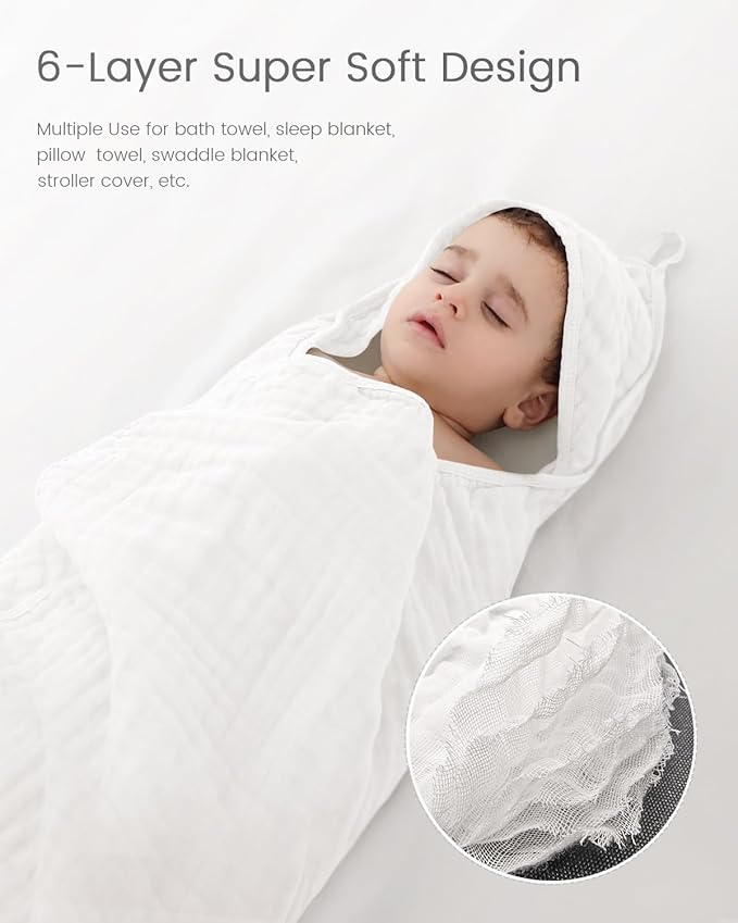 Hooded Baby Towels for Newborn, 2 Pack 100% Muslin Cotton Baby Bath Towel with Hood for Baby Toddler and Kids, Large 35x35 Inch Baby Boy & Girl Towels, Essentials Must Have