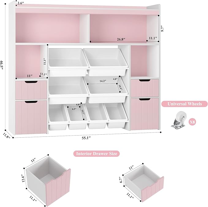 HORSTORS 55" W Toy Storage Organizer with Drawers, Large Kids Toy Storage Box with Removable Bins, Tall Kids Bookshelf and Bookcase for Boys and Girls, Modern Toy Chest for Playroom, Classroom, Pink