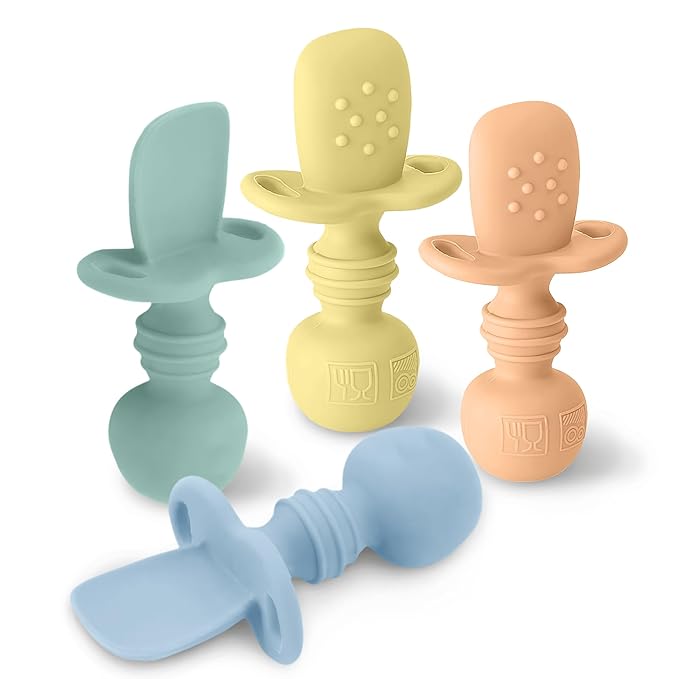 LittleWhispers Baby Silicone Spoons - Self Feeding 6 Months - Infant, Toddler, & Kid Friendly Utensils - First Stage, Baby Led Weaning - 4 Pack Utensil Set (Pastel)