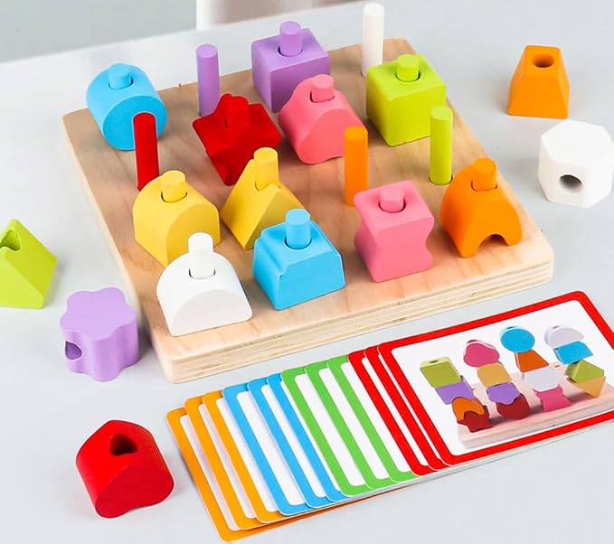 Color Matching Stacking & Sorting Peg Board, Geometric Shape Building Blocks with Activity Cards