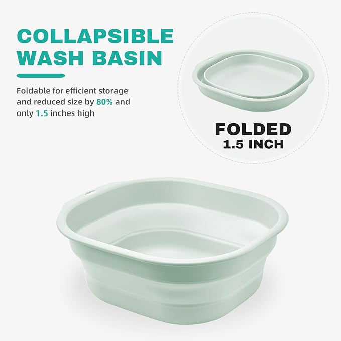 2 Pack Collapsible Wash Basin Set, Foldable Dish Tub, Small Medium Portable Sink for Kitchen, Camping, RV, Baby Bottles, Laundry, Plastic Washbasin -Green