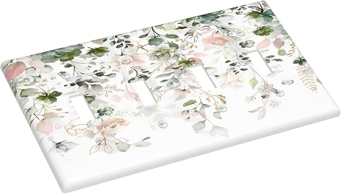 Green Pink Floral Flower Rustic Eucalyptus Leaves Wildflower Light Switch Covers Quad Toggle Electrical Faceplate 4 Gang Wall Plate Decorative Switch Plates Cover for Bedroom Living Room Decor