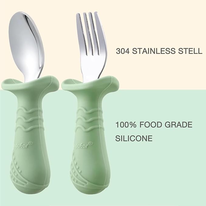 PandaEar Baby Toddler Fork and Spoon Utensil Set, 6 Pack Silicone Stainless Steel Silverware Spoon Fork for Babies Toddler, BPA Free with Silicone Holding Anti-Choke Design (Green Blue Brown)