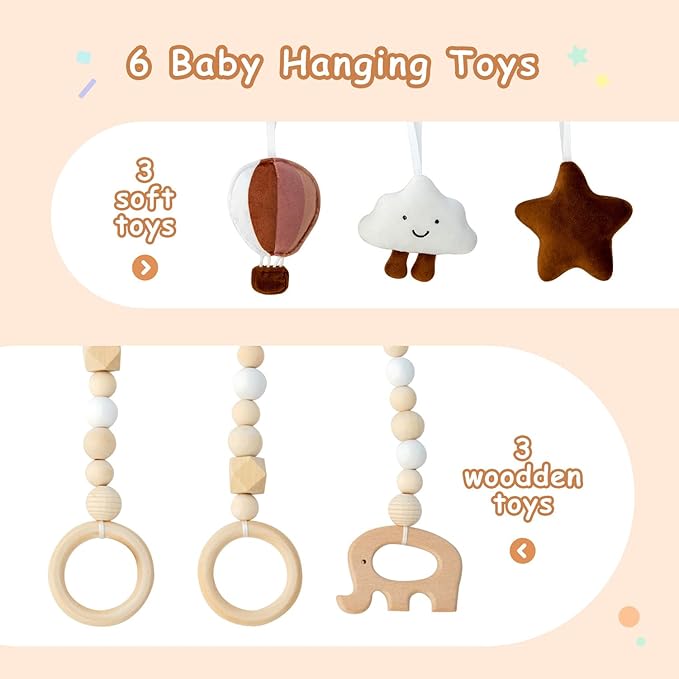 Wooden Baby Play Gym with Mat, Foldable Baby Play Gym Frame Activity Gym Hanging Bar with 6 Gym Baby Toys Rainbow Playmats for Newborn Baby (Natural)