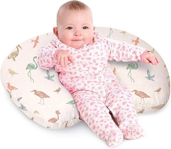 Little Grape Land Nursing Pillow Soft 100% Cotton Breastfeeding Pillow with Breathable Muslin Removable Cover, Wetland Wings Breast Feeding Pillows for Babies 0-12 Months with Protective Zipper