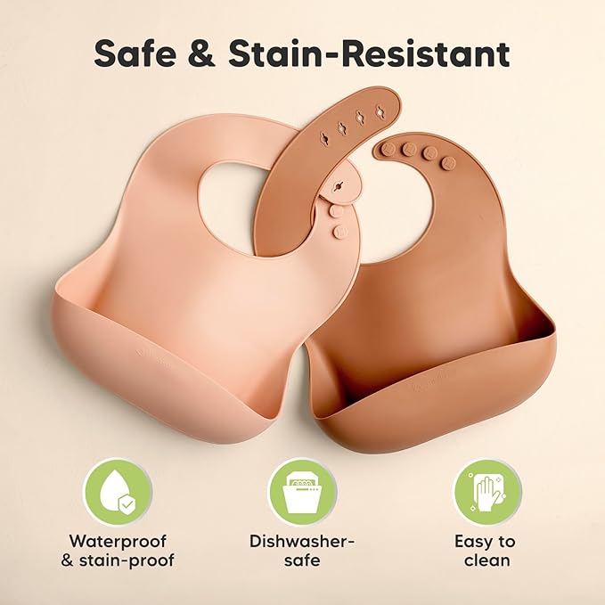 KeaBabies 2-Pack Silicone Bibs for Babies, Toddlers Girl, Boy ??Sturdy Food-Grade Baby Bibs for Eating, Large Food Catcher, Clean & Put On Easily, Waterproof Toddler Feeding Essentials (Dusk)