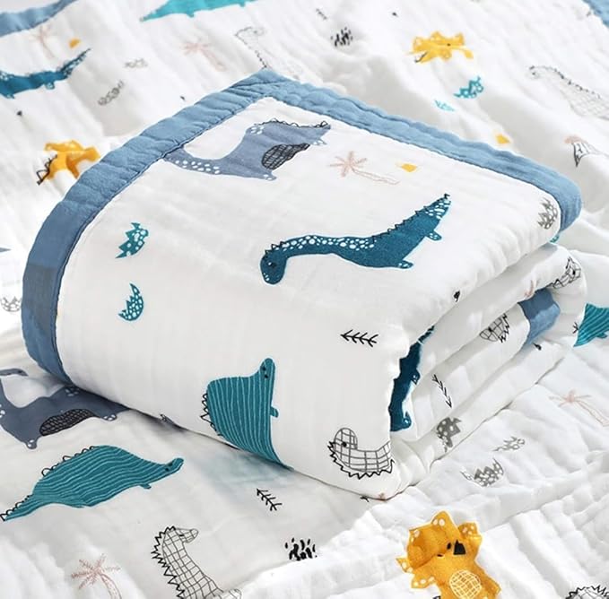Baby Muslin Gauze Cotton Blankets, Animal Print, Blue Combo, Crib