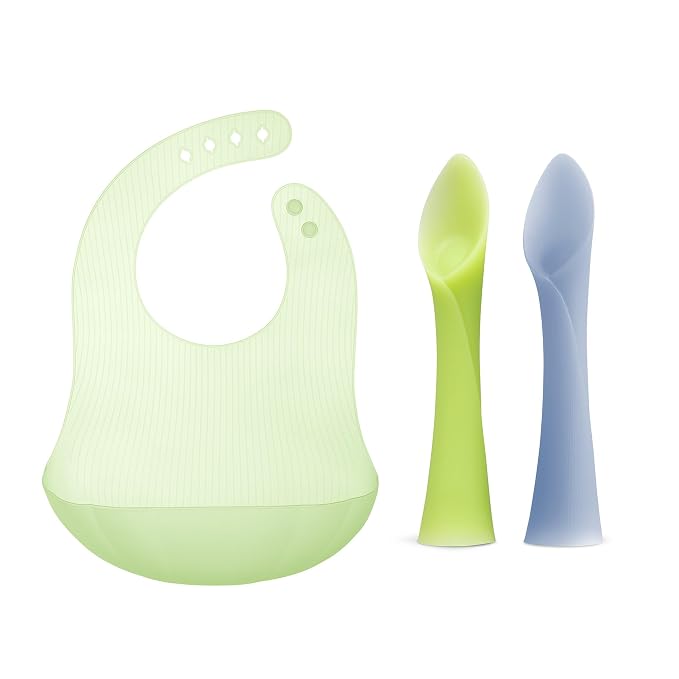 Olababy Training Spoon Set (Kiwi/Blueberry) + Olababy Fold N Go Silicone Baby Bib w Travel Case (Kiwi)
