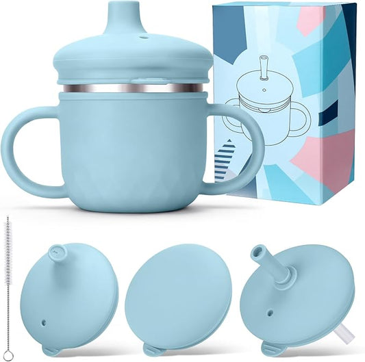 BUSOHA Stainless Steel Toddler Sippy Cup ??8oz Spill-Proof Straw Cup for 6+ Month Babies & Toddlers, 3-in-1 Reusable Travel Cup with Brush ??Dishwasher Safe, Kids Drinking Cup, Blue