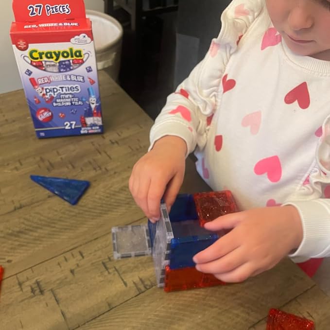 CreateOn Crayola Red, White & Blue PIP Magnetic Tiles 27pc, Magnetic Kids’ Building Toys, STEM Learning Travel Toys for Boys and Girls, 27-Piece Set