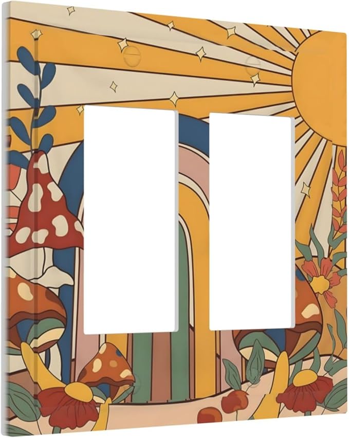 Boho Sun Rainbow Mushroom Hippie Vintage Floral Decorative Outlet Covers 2 Gang Double GFCI Rocker Electrical Wall Panels Light Switch Cover Plate for Kids Room Nursery Decor
