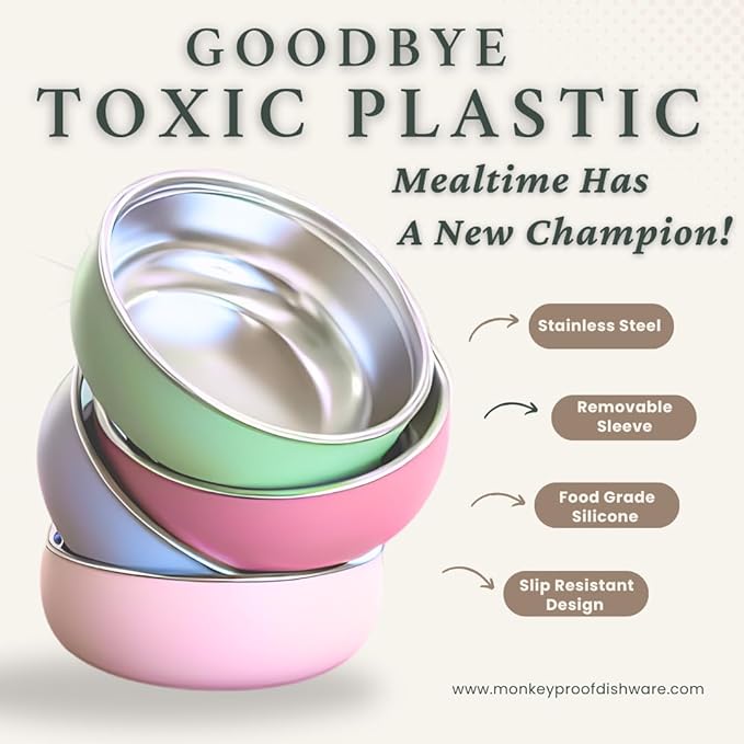 Monkey Proof??Non-Toxic Stainless Steel Child Bowl 5??with Non-Slip Silicone Shell, (Set of 4 bowls) Unbreakable, Mess Free Feeding for Babies, Toddlers, Kids, BPA free (Sage Green)