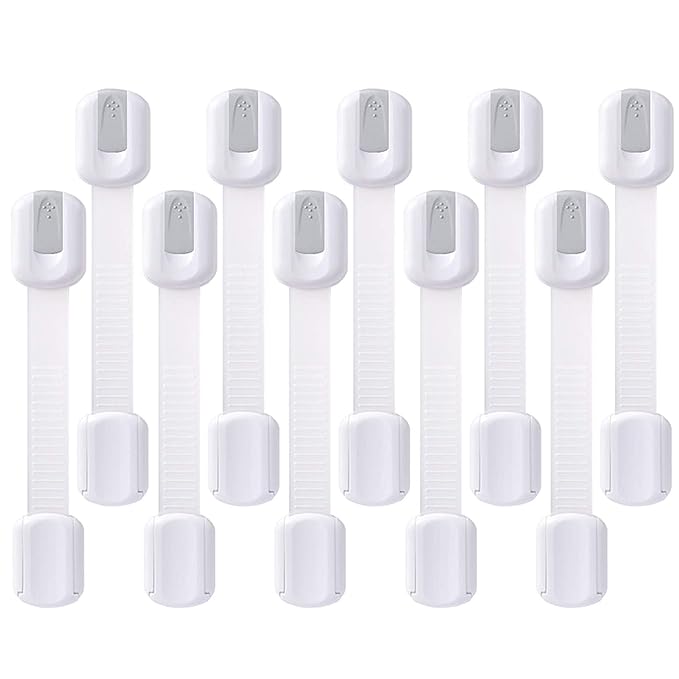 Goodv Child Safety Cabinet Locks - (10 Pack) Baby Proofing Latches to Drawer Door Fridge Oven Toilet Seat Kitchen Cupboard Appliance Trash Can with 3M Adhesive - Adjustable Strap No Drill No Tool