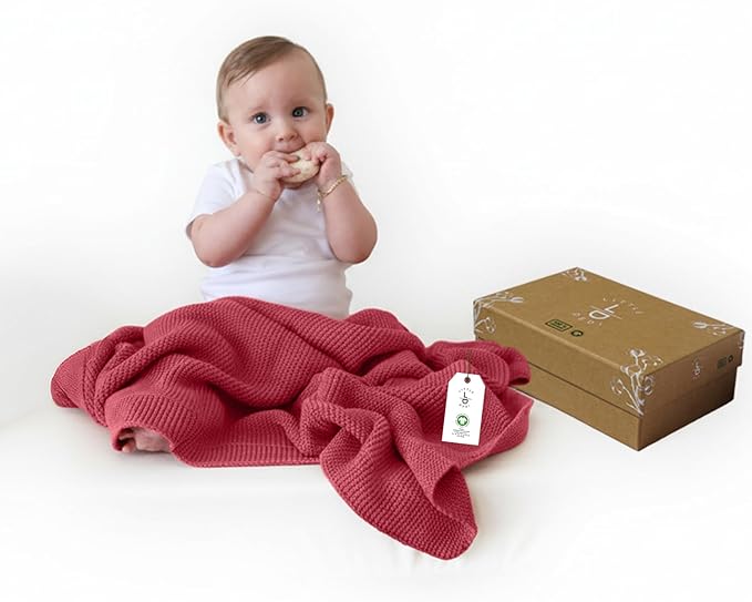 100% Organic Cotton Baby Knitted Blanket with Gift Box - Soft Toddler, Crib, Stroller Blanket - Neutral Swaddle and Receiving Blanket for Newborns, 30"x40", Amberglow