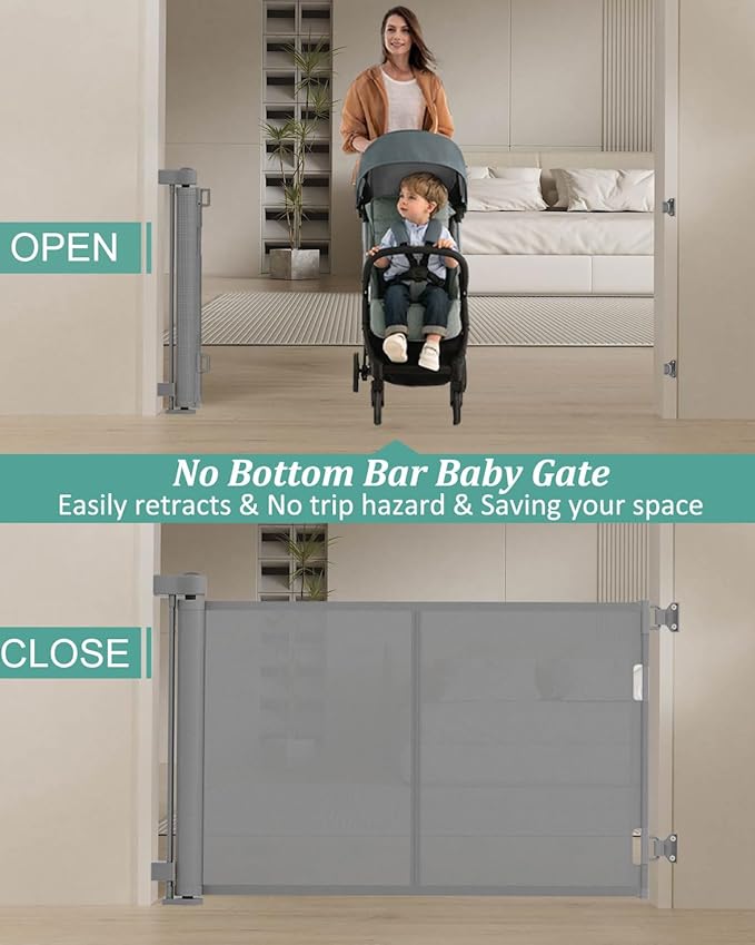 Miumoon 59 inch Retractable Baby Gates 42 inch Tall, Retractable Gate with Reinforced Strip Design to Prevent Crawling Through, 5 FT Retractable Dog Gate for Stairs, Doorways, Hallways, Indoor/Outdoor