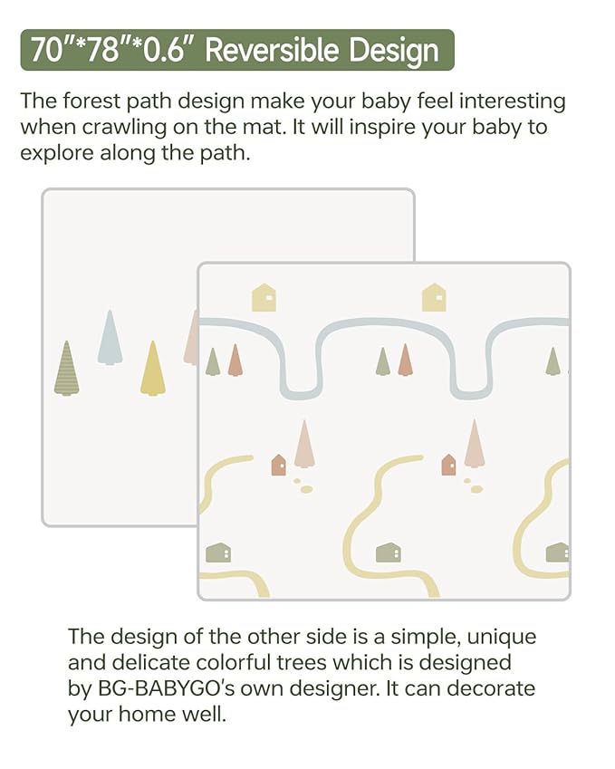 BG-BABYGO Baby Play Mat, 0.6" Foam Thicker Baby Playmats, Large Foldable 78"x70" Play Mat for Babies, Waterproof & Reversible Baby Mat for Floor, Crawling Baby Mat for Indoor&Outdoor&Travel(70*78*0.6)