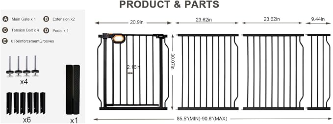 Baby Gates Extra Wide for Doorways 85.5-90.6 Inch Extra Wide Pressure Mounted Baby Dog Gate for the House Indoor Large Openning Metal Safety Gate No Drilling with Walk-Through Door,Black